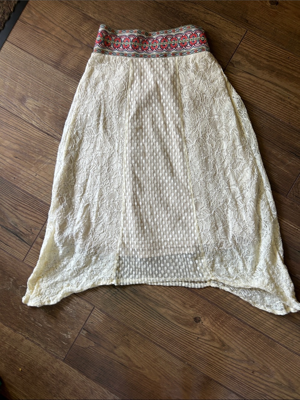 Boho Cream Lace Fairycore High-Low Skirt with Embroidered Waistband